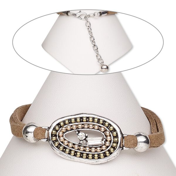 Bracelet, faux suede / glass rhinestone / brass / copper-plated brass / antique silver-plated steel / "pewter" (zinc-based alloy), tan and clear, 30x20mm open oval, 7 inches with 2-inch extender chain and lobster claw clasp. Sold individually. image number 0
