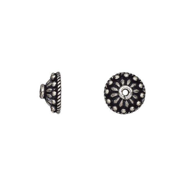 Bead cap, antiqued sterling silver, 10x5mm beaded round, fits 8-12mm bead. Sold per pkg of 6. image number 0