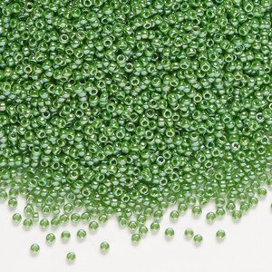 Seed bead, Miyuki, glass, pkg/250g, #15 rocaille, opaque luster green (RR-431).