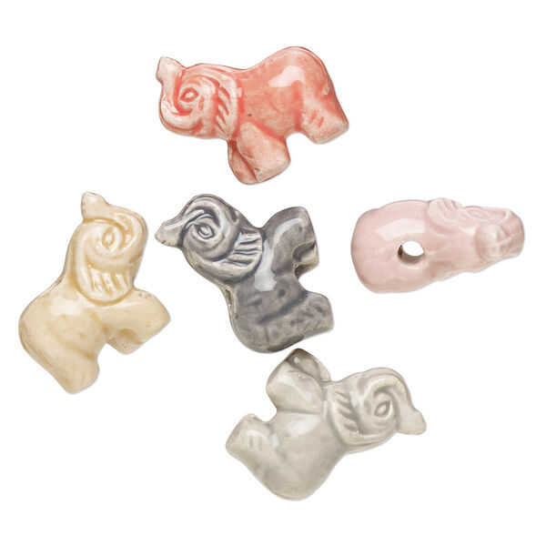 Bead, painted and glazed ceramic, assorted colors, 21x19mm 3D elephant. Sold per pkg of 5. image number 0