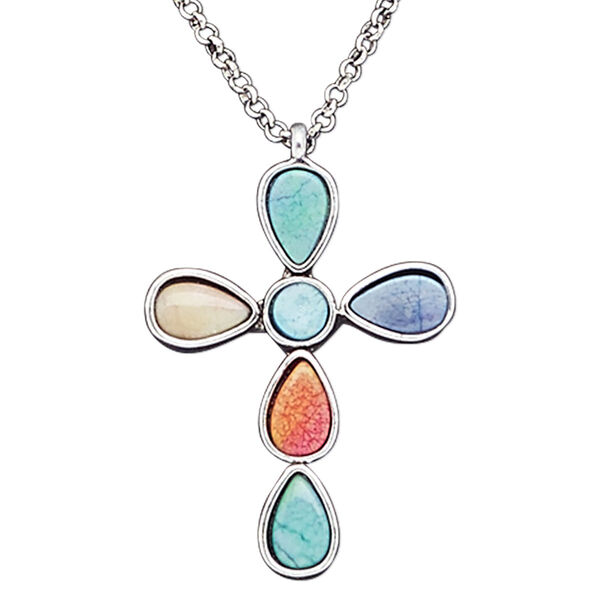 Necklace, resin with silver plate steel and "pewter" (zinc-based alloy), multicolored, 48x30mm cross, 20 inches with 2-inch extender chain and lobster claw clasp. Sold individually. image number 0