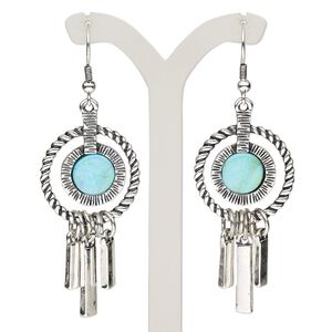 Earring, resin / antique silver-plated steel / brass / "pewter" (zinc-based alloy), blue, 2-3/4 inches with round and fishhook ear wire. Sold per pair.