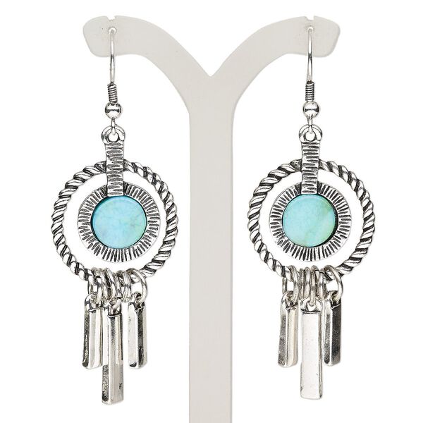 Earring, resin / antique silver-plated steel / brass / "pewter" (zinc-based alloy), blue, 2-3/4 inches with round and fishhook ear wire. Sold per pair. image number 0