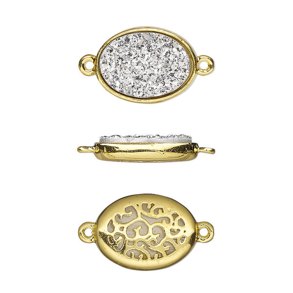 Link, Druzylite™, "druzy" (resin) and gold-finished brass, silver, 15.5x11.5mm two-sided oval with open filigree back. Sold per pkg of 4. image number 0