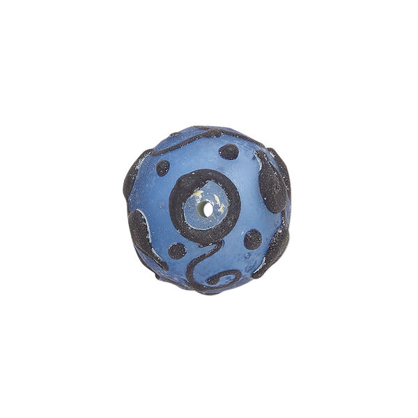 Bead, lampworked glass, opaque matte blue and black with leaf and swirl design, 18mm round. Sold individually. image number 1