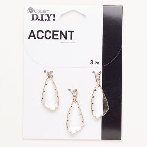 Drop steel acrylic 3pk 24x13mm faceted freeform, gold finish clear