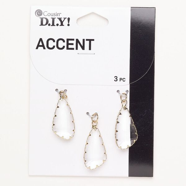 Drop steel acrylic 3pk 24x13mm faceted freeform, gold finish clear image number 0