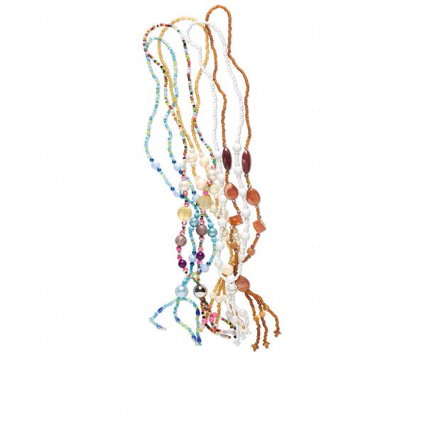 Necklace mix, glass and acrylic, multicolored, multi-shapes in multi-sizes,15" to 16" continuous loop with tassel. Sold per pkg of 5. image number 0
