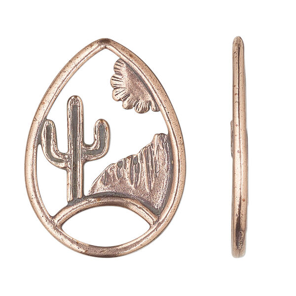Focal, TierraCast®, antique copper-plated pewter (tin-based alloy), 33x24mm teardrop with desert landscape design. Sold individually. image number 0