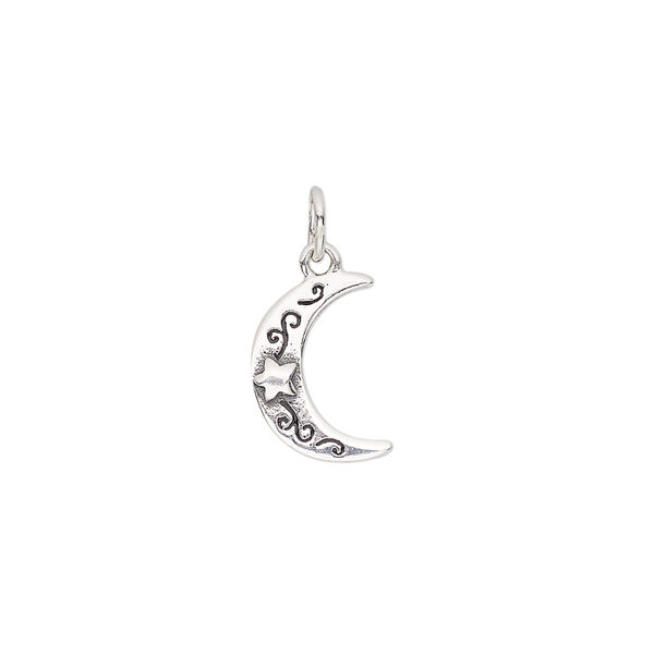 Charm, antiqued sterling silver, 13x9mm single-sided moon with star design. Sold individually. image number 0