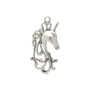 Charm, antiqued sterling silver, 22x12mm unicorn. Sold individually.