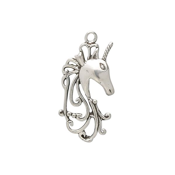Charm, antiqued sterling silver, 22x12mm unicorn. Sold individually. image number 0