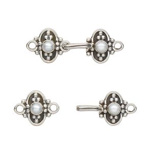 Clasp hook 1pkg1 sterling silver / cultured freshwater pearl, 25x10mm, antiqued 1-strand