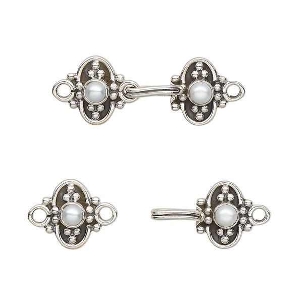 Clasp, hook, cultured freshwater pearl (bleached) and antiqued sterling silver, 25x10mm. Sold individually. image number 0