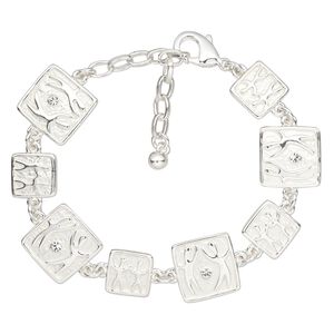 Bracelet, glass rhinestone with silver-finished steel and "pewter" (zinc-based alloy), clear, 6x6mm and 10x10mm square with smooth and textured people design, 6-1/2 inches with lobster claw clasp and 3-inch extender chain. Sold individually.