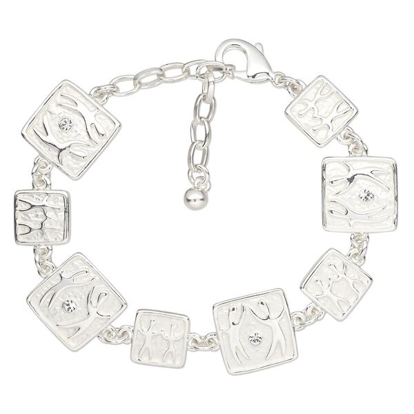 Bracelet, glass rhinestone with silver-finished steel and "pewter" (zinc-based alloy), clear, 6x6mm and 10x10mm square with smooth and textured people design, 6-1/2 inches with lobster claw clasp and 3-inch extender chain. Sold individually. image number 0