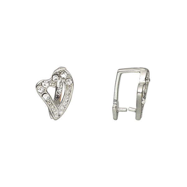 Bail, ice-pick, Egyptian glass rhinestone and imitation rhodium-plated brass, clear, 13x9mm heart, 9mm grip length. Sold per pkg of 6. image number 0