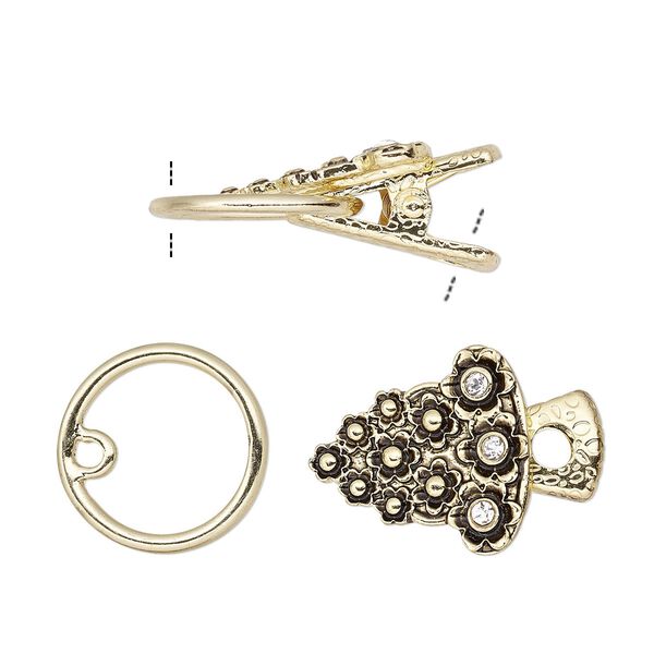 Clasp, alligator clip, glass rhinestone with antique gold-finished steel and "pewter" (zinc-based alloy), clear, 20x19mm bell with flower design. Sold individually. image number 0