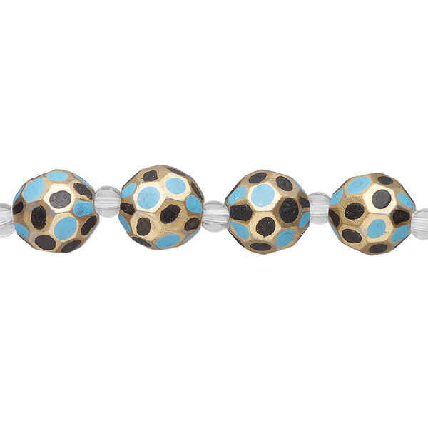 Bead, glass 1pkg4, turquoise blue / black / gold, 12mm hand-painted faceted round. image number 1