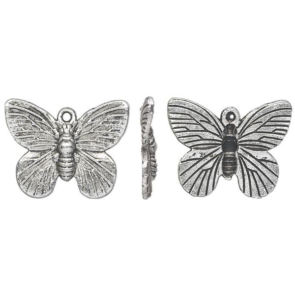 Charm, antique silver-plated "pewter" (zinc-based alloy), 18x14mm double-sided butterfly. Sold per pkg of 20. image number 0