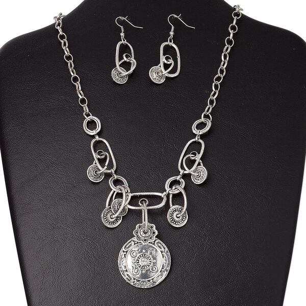 Necklace and earring set, glass / antique silver-plated "pewter" (zinc-based alloy) / steel, clear, 35mm flat round with center cabochon, 16-inches with 2-inch extender chain and lobster claw clasp, 57x14mm earrings with fishhook ear wire. Sold per set. image number 0