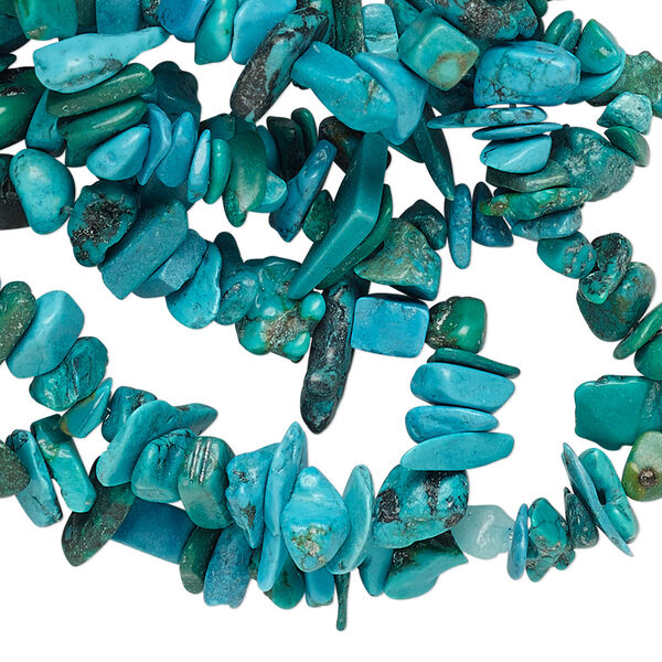 Bead, turquoise (dyed / stabilized), blue-green, medium chip, Mohs hardness 5 to 6. Sold per 33-inch strand. image number 0