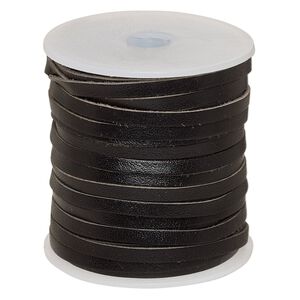 Cord, leather, black, 4mm flat. Sold per 25-yard spool.