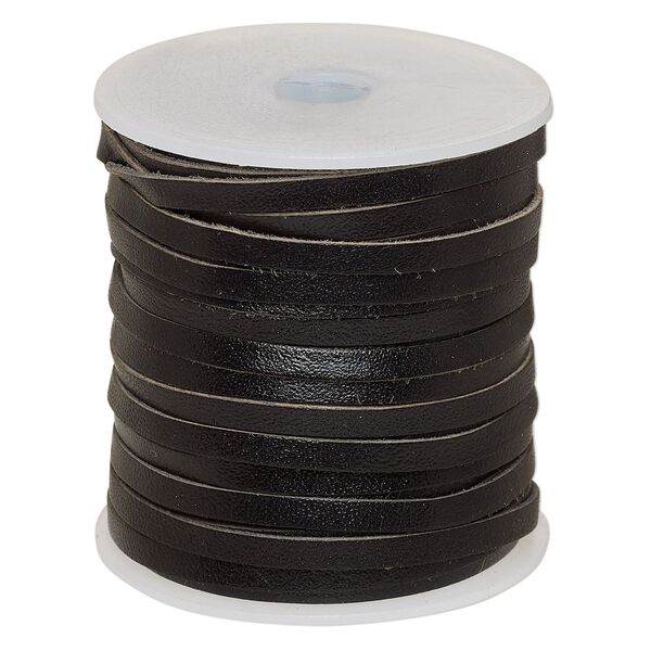 Cord, leather, black, 4mm flat. Sold per 25-yard spool. image number 0