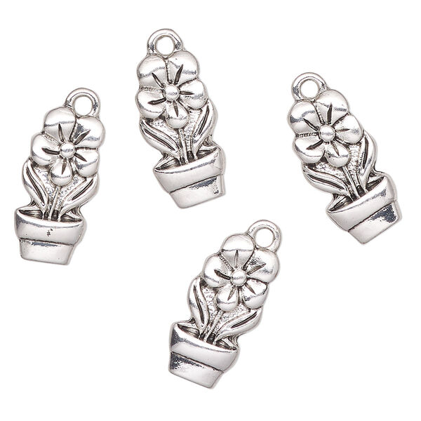 Charm, antique silver finish "pewter" (zinc-based alloy), 18x9mm flower pot with flower. Sold per pkg of 4. image number 0