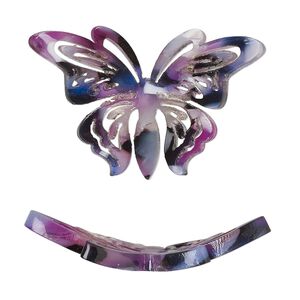 Focal, resin, purple / dark purple / white, 35x22mm curved butterfly with cutouts. Sold per pkg of 4.