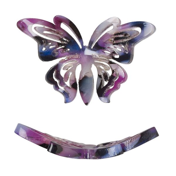 Focal, resin, purple / dark purple / white, 35x22mm curved butterfly with cutouts. Sold per pkg of 4. image number 0