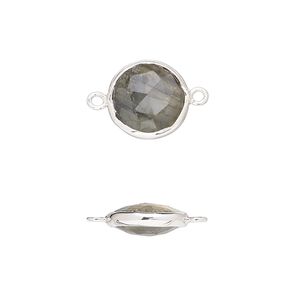 Link, labradorite (natural) and sterling silver, 12mm double-sided faceted round. Sold per pkg of 2.