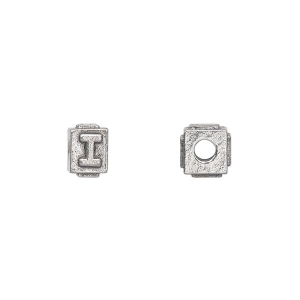 Bead, antiqued pewter (tin-based alloy), 8x6mm rectangle with alphabet letter "I". Sold per pkg of 4. image number 0