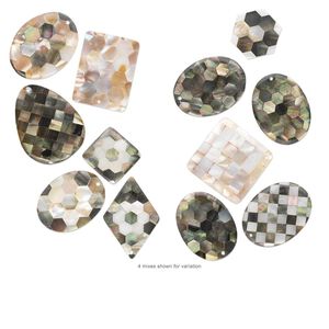 Focal mix, black lip shell / gold lip shell / mother-of-pearl shell (assembled), 25mm-44x35mm mixed shape with inlaid mixed design, Mohs hardness 3-1/2. Sold per pkg of 3.
