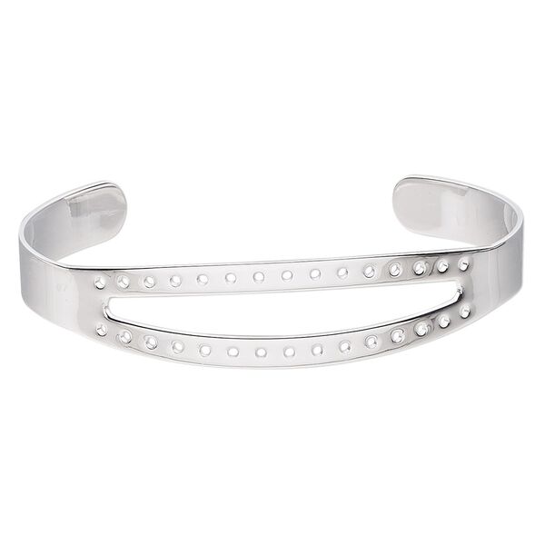 Bracelet component, cuff, silver-plated brass, 1/2 inch wide with 45x6mm open marquise and 30 holes, adjustable from 6-1/2 to 7-1/2 inches. Sold individually. image number 0