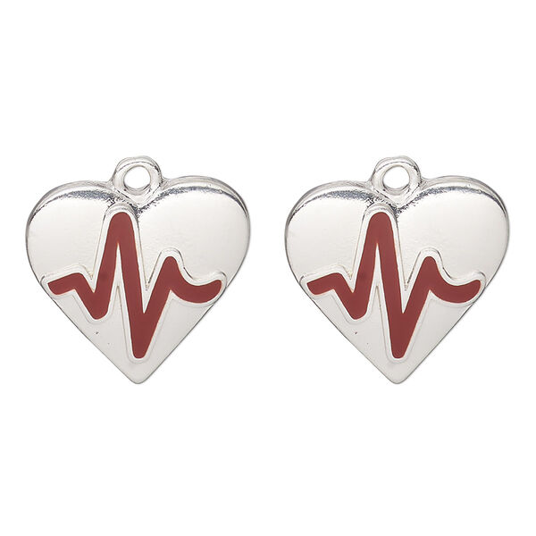 Charm, antique silver-finished "pewter" (zinc-based alloy) and enamel, red, 19x17mm heart with pulse pattern. Sold per pkg of 2. image number 0
