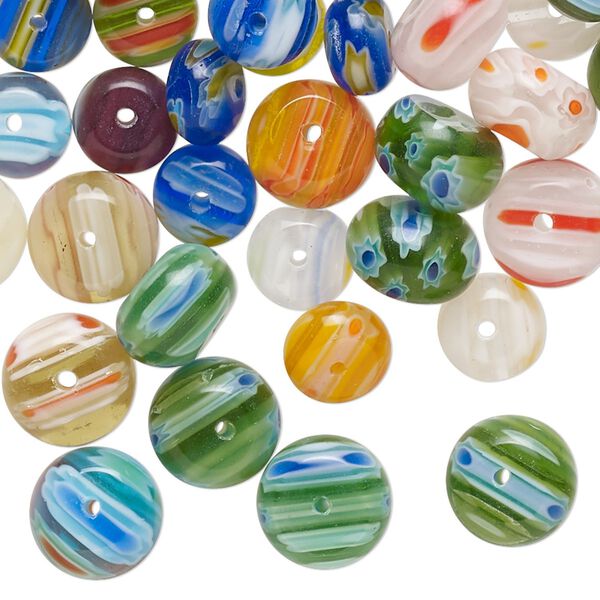 Bead mix, millefiori glass, opaque to transparent multicolored, 8x4mm-10x6mm rondelle with 0.4-0.6mm hole. Sold per 2-ounce pkg, approximately 80-90 beads. image number 0