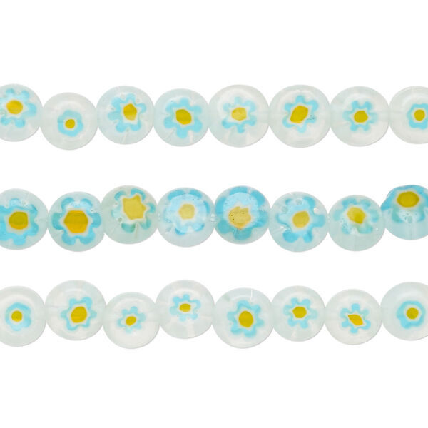 Bead mix, millefiori glass, blue, orange, white and clear, 6mm puffed flat round with flower design. Sold per pkg of (3) 14-inch strands. image number 0