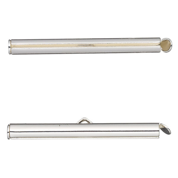 End bar, silver-finished brass, 40x4mm round tube with fold-in ends, 2.75-3mm inside diameter. Sold per pkg of 10. image number 0