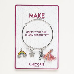 Bracelet and charm assortment, antique silver-finished brass / glass / fabric, multicolored, Unicorn theme, 7-1/2 inches. Sold per 5-piece set.