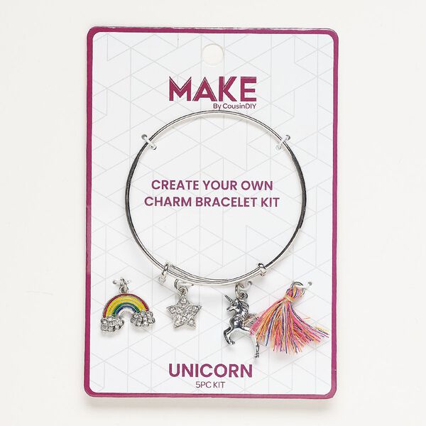 Bracelet and charm assortment, antique silver-finished brass / glass / fabric, multicolored, Unicorn theme, 7-1/2 inches. Sold per 5-piece set. image number 0
