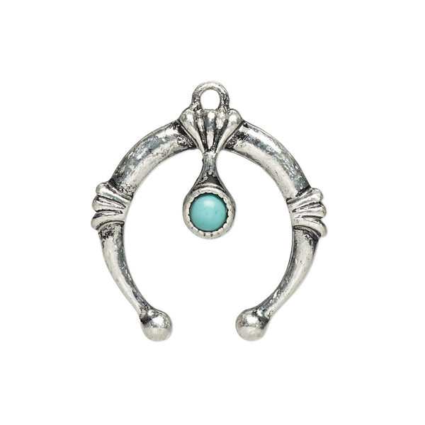 Drop, "turquoise" (resin) (imitation) and antiqued "pewter" (zinc-based alloy), blue, 25x24mm single-sided naja. Sold individually. image number 0