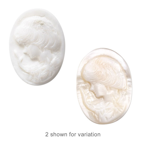 Cabochon, mother-of-pearl shell (natural), 25x18mm calibrated carved oval cameo with left-facing woman, Mohs hardness 3-1/2. Sold individually. image number 0