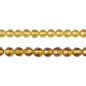 Bead, glass, translucent topaz yellow, 4-5mm faceted round. Sold per pkg of (2) 12-inch strands, approximately 160 beads.