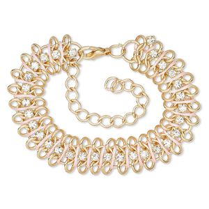 Bracelet, glass rhinestone / nylon / gold-finished brass / steel / "pewter" (zinc-based alloy), light pink and clear, 15mm wide, 6 inches with 3-inch extender chain and lobster claw clasp. Sold individually.