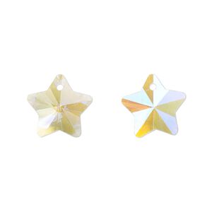 Drop, glass, translucent clear silk, 13mm star. Sold per pkg of 10.
