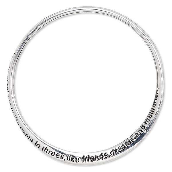 Bracelet, bangle, silver-plated "pewter" (zinc-based alloy), 6mm wide twisted band with "The best things in life come in threes, like friends, dreams, and memories," 8-1/2 inches. Sold individually. image number 0