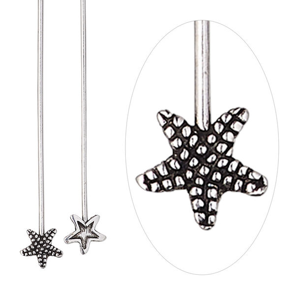 Head pin, antiqued sterling silver, 2 inches with 6mm starfish, 20 gauge. Sold per pkg of 2. image number 0