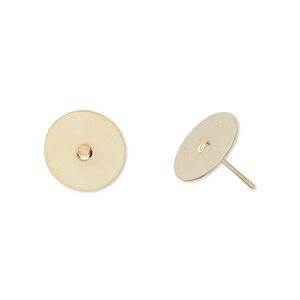 Earstud 1pkg100 gold-plated, 12mm flat pad, stainless steel / brass 50 pair