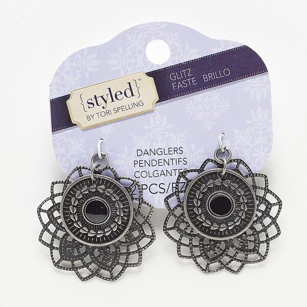 Focal, enamel with antiqued nickel-finished steel and "pewter" (zinc-based alloy), black, 39x39mm flower. Sold per pkg of 2. image number 0